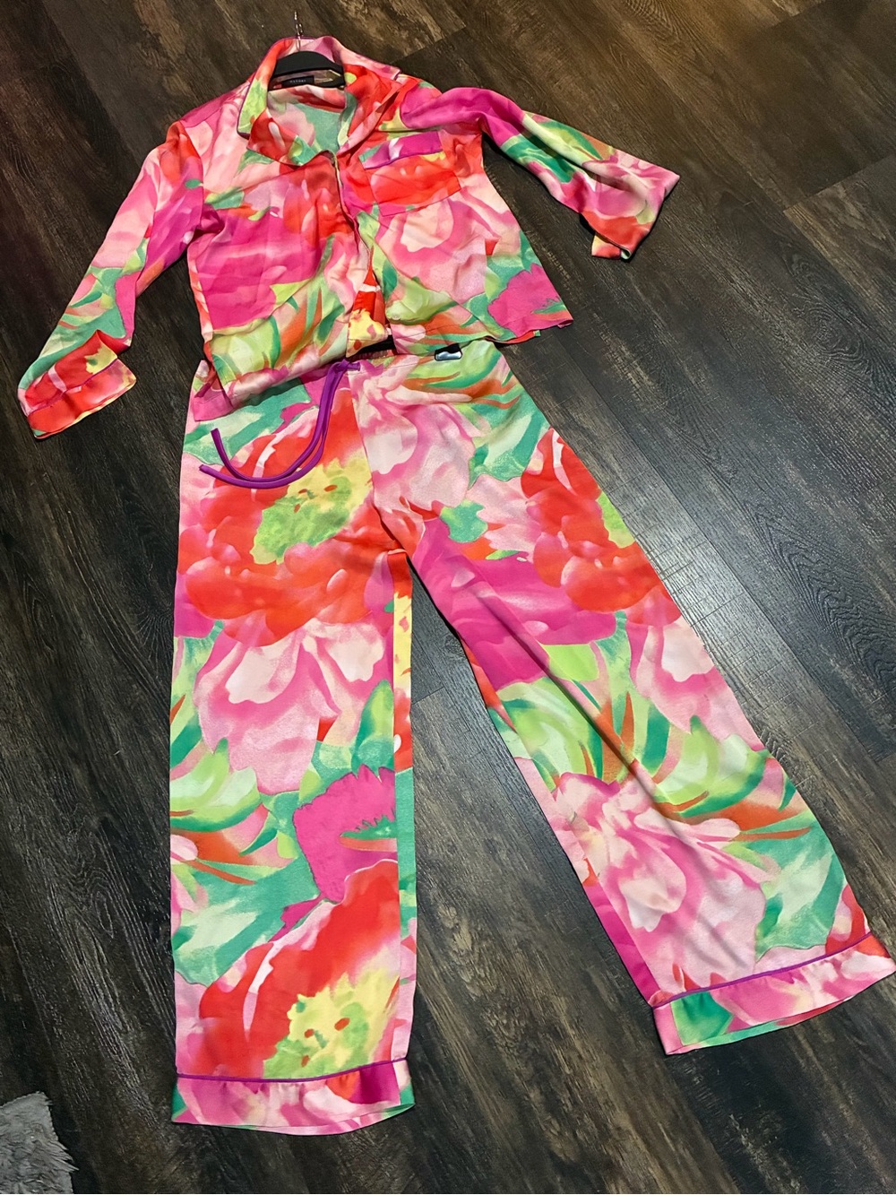 Natori Floral Satin Pajama Set Small Pink Button Front Lounge Sleepwear S